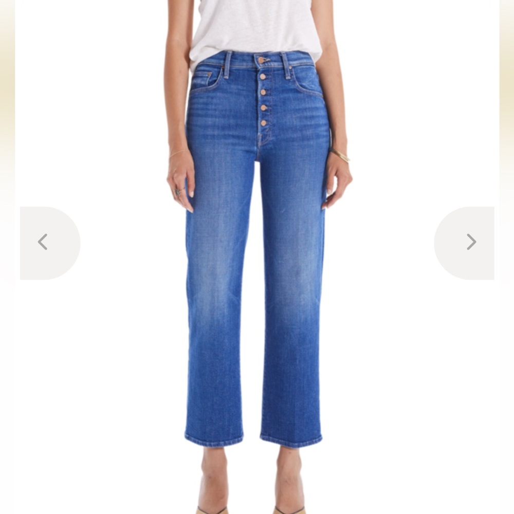 MOTHER High-Rise Button-Fly Straight Jeans in Medium Blue Wash